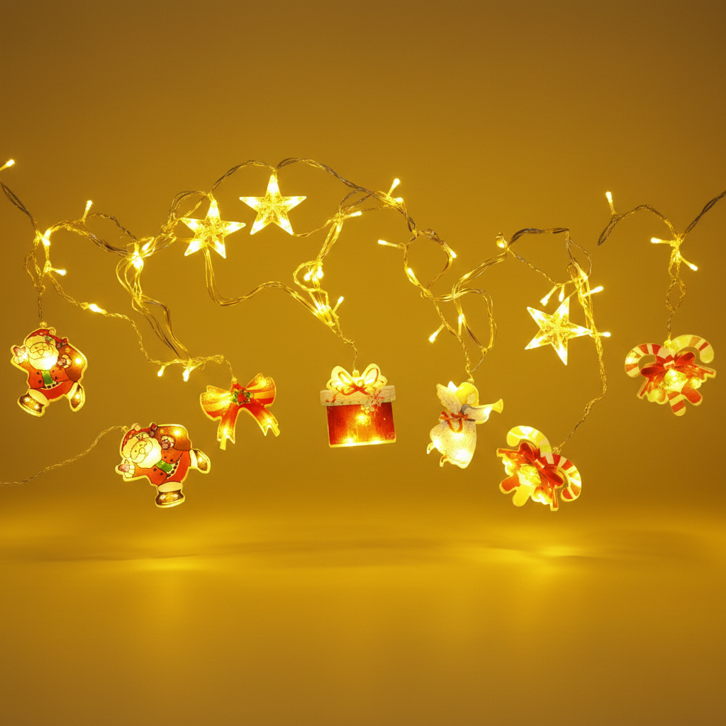 Serie de luces, de ángel, santa Claus, bastón navideño,caja de regalo y moño DML8244