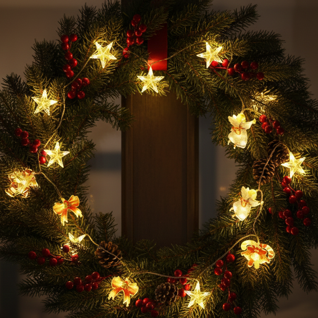 Serie de luces, de ángel, santa Claus, bastón navideño,caja de regalo y moño DML8244